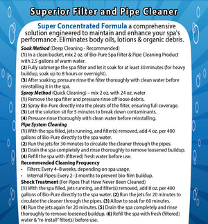 Directions: filter soak, filter spray, pipe system cleaning, cleaning frequency and shock treatment