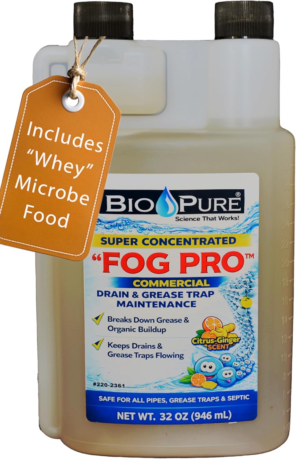 Bio-Pure FOG Pro Drain & Grease Trap Maint. Microbes & Enzymes w/Deprotienized Whey (Microb Nutrition) Super Concentrated Formula for Sink, Floor Drains & Grease Traps – 128 Drain Treatments (32 Oz.)