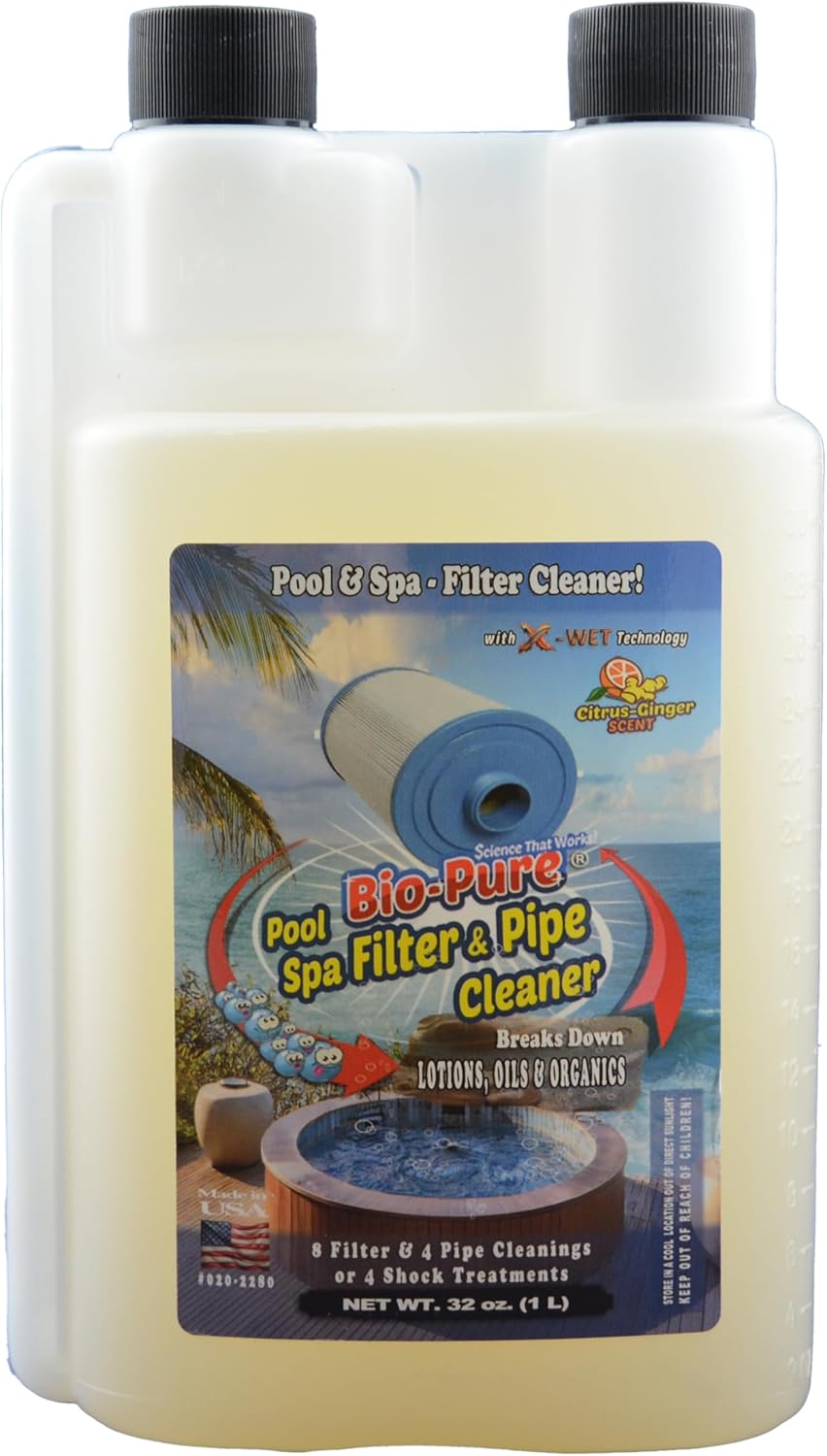 Bio-Pure Spa Filter & Pipe Cleaner – 3-in-1 Spa System Cleaner for Plumbing, Walls & Cartridge Filters – Pipe Purge, Deep Filter Soak & Spray Cleaner – Developed by Dr. Bernard PhD (32 Oz.)