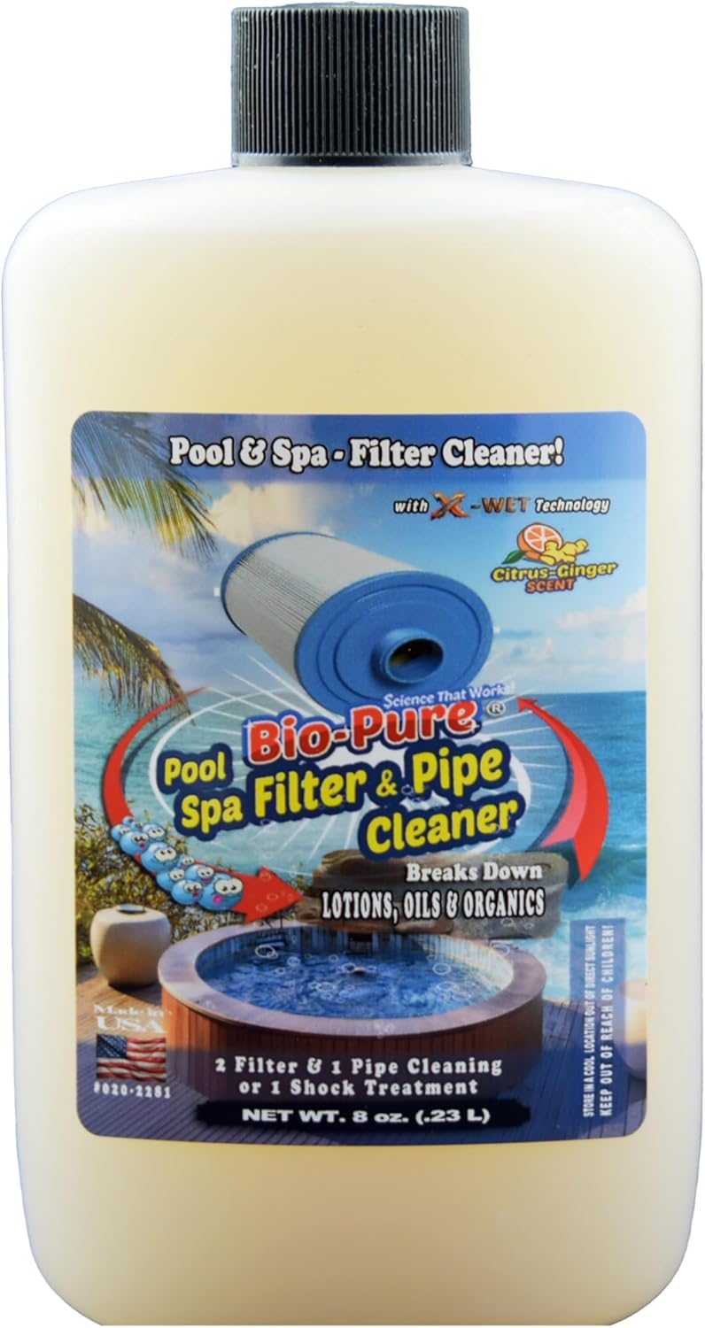 Bio-Pure Spa Filter & Pipe Cleaner – 3-in-1 Spa System Cleaner for Plumbing, Walls & Cartridge Filters – Pipe Purge, Deep Filter Soak & Spray Cleaner – Developed by Dr. Bernard PhD (8 Oz.)