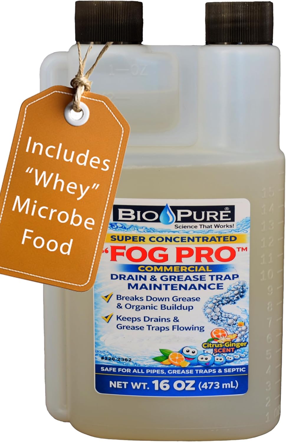 Bio-Pure FOG Pro Drain & Grease Trap Maint. Microbes & Enzymes w/Deprotienized Whey (Microb Nutrition) Super Concentrated Formula for Sink, Floor Drains & Grease Traps – 16 oz - 64 Drain Treatments