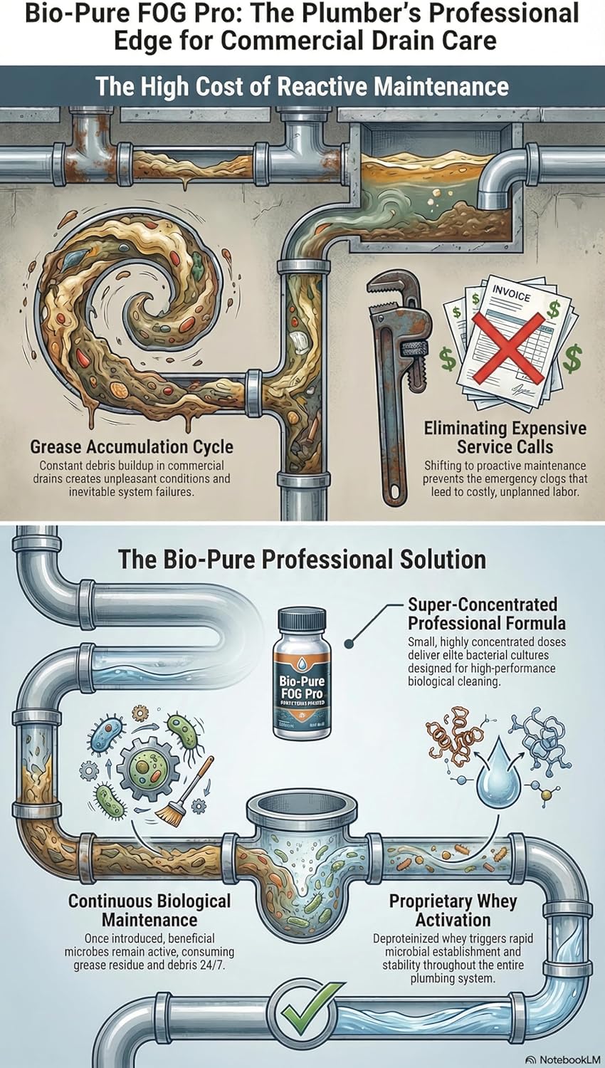 Bio-Pure FOG Pro Drain & Grease Trap Maint. Microbes & Enzymes w/Deprotienized Whey (Microb Nutrition) Super Concentrated Formula for Sink, Floor Drains & Grease Traps – 16 oz - 64 Drain Treatments
