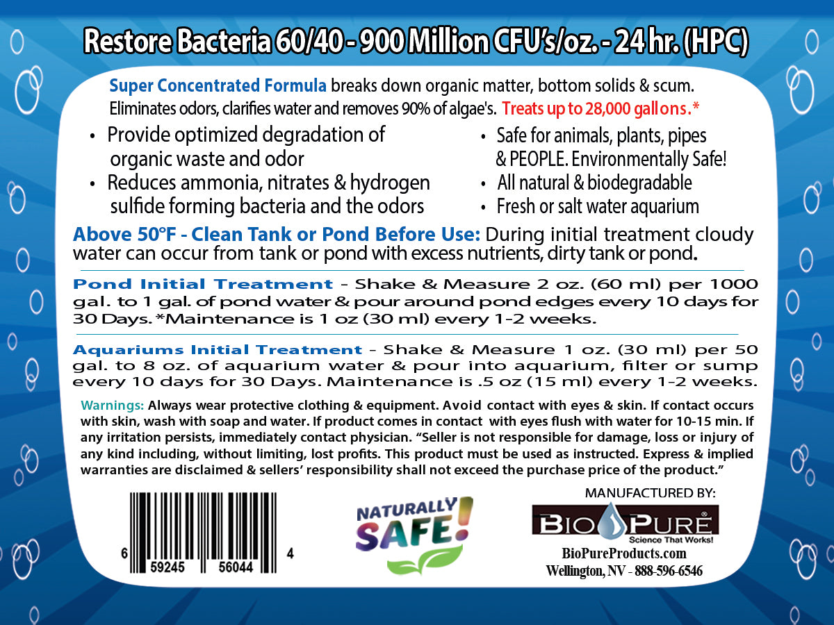 Pond & Aquarium Restore 60/40 32 oz. Directions of Use | Pond Restoration | Aquarium Restoration | Water Treatment Product | Bio-Pure