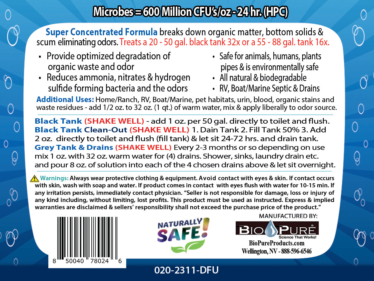 Bio-Pure RV Black Tank/Septic, Drain Restore & Maintain CONCENTRATE 32 oz. - 32 Septic Tank Treatments
