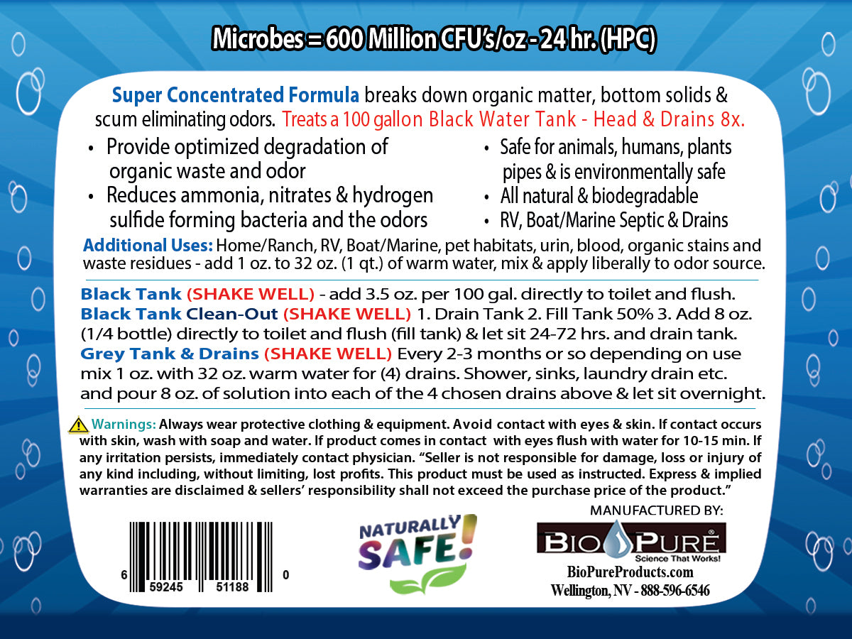 Marine Black Tank & Bilge 32 oz. Directions of Use | Septic Tank Maintenance | Septic System Treatment | Black Tank Treatment | Drain Maintain | Bio-Pure