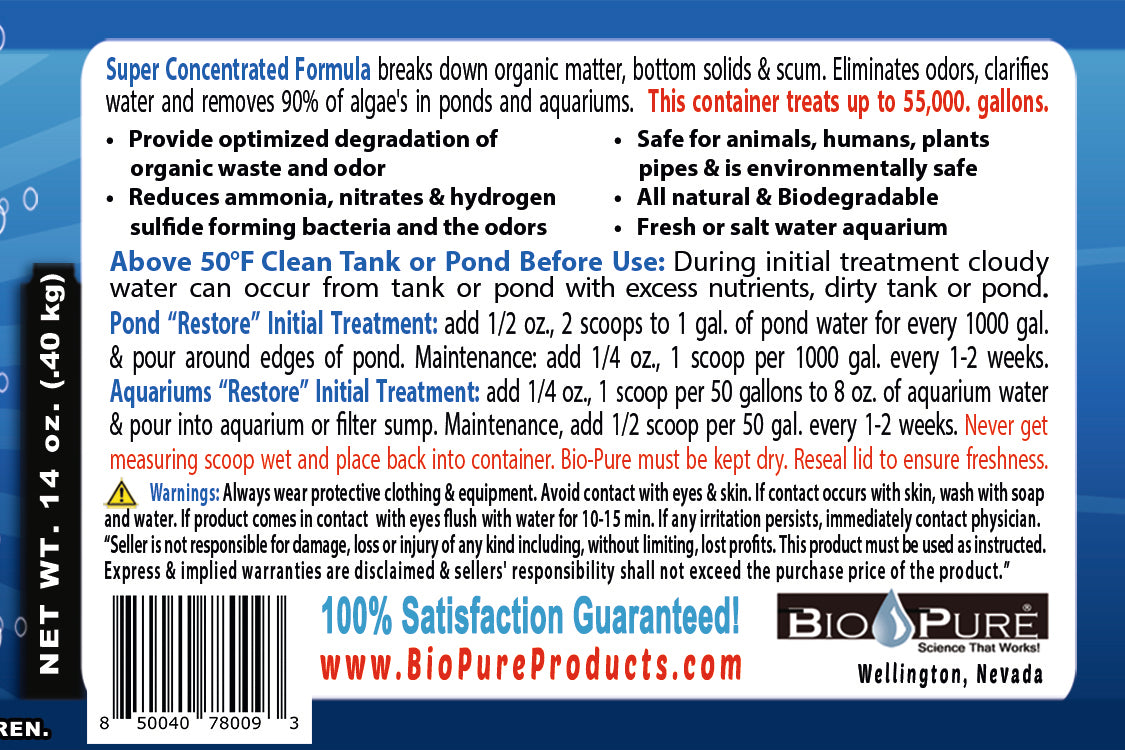 Bio-Pure Pond & Aquarium RESTORE 14 oz. treats up to 55,000. gallons