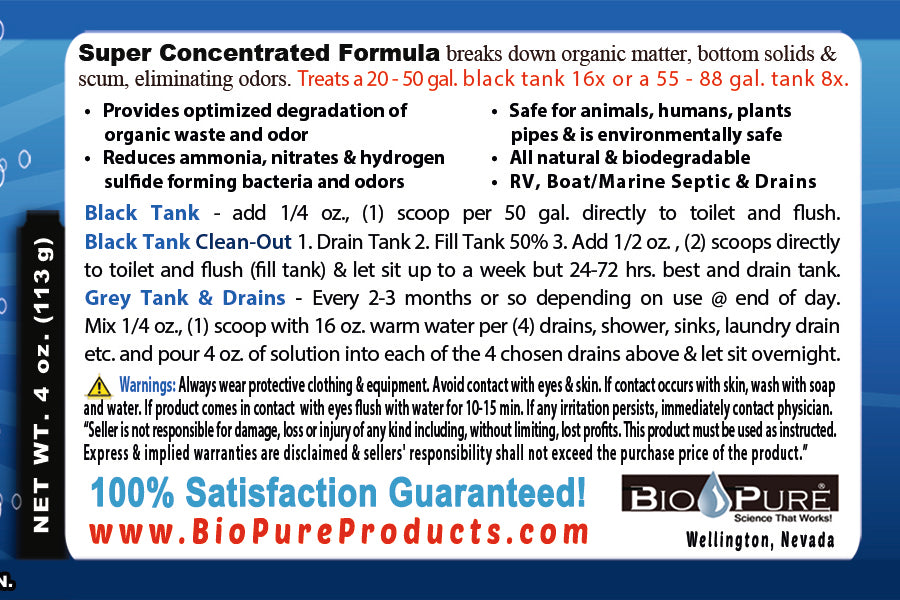 Bio-Pure RV Black Tank/Septic, Drain Restore & Maintain CONCENTRATE 4 oz. - 16 Septic Tank Treatments