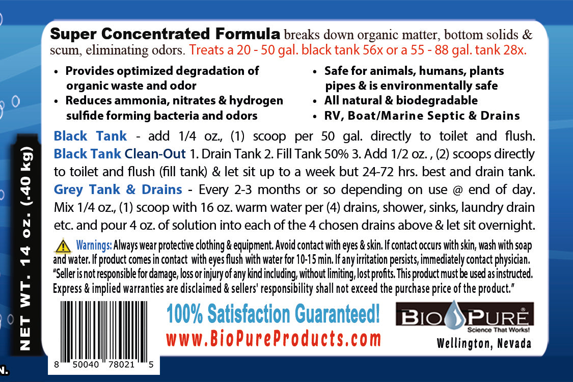 Bio-Pure RV Black Tank/Septic, Drain Restore & Maintain CONCENTRATE 14 oz. - 56 Septic Tank Treatments