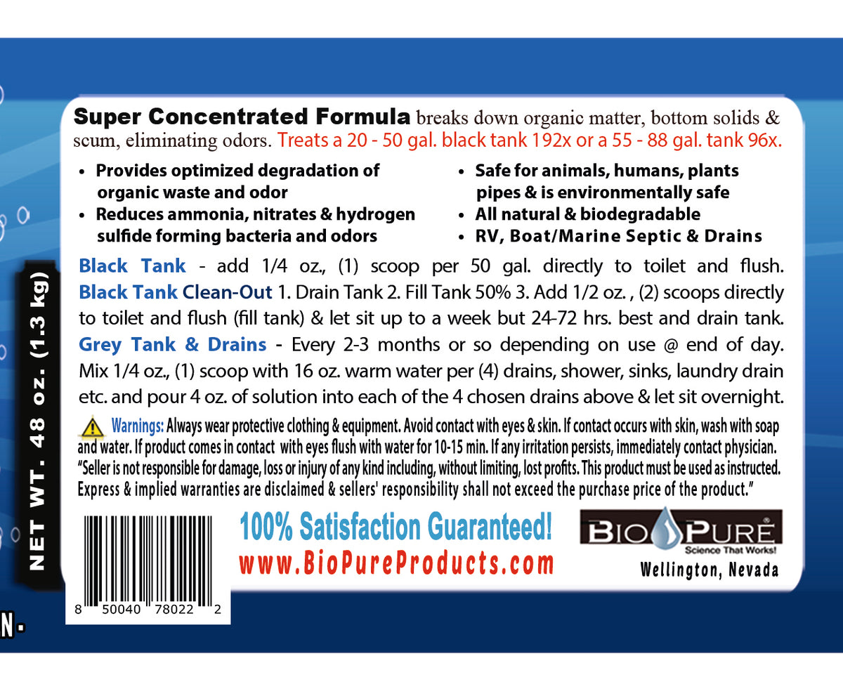 Bio-Pure RV Black Tank/Septic, Drain Restore & Maintain CONCENTRATE 48 oz. - 192 Septic Tank Treatments