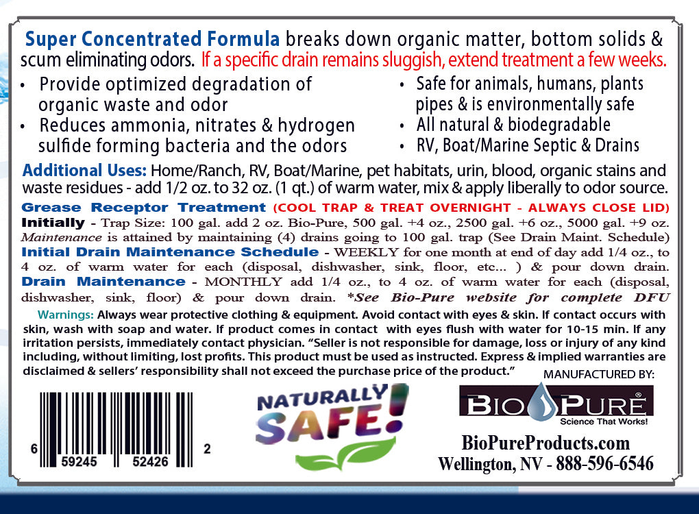 Grease Trap & Drain Cleaner 14 oz. | Hotel Cleaning Supplies | Septic System Treatment | Black Tank Treatment | Bio-Pure