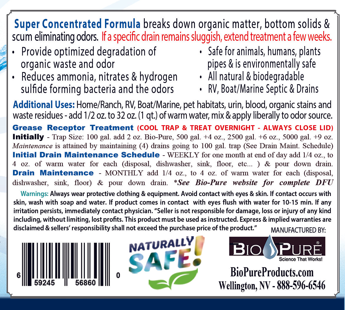 Grease Trap & Drain Cleaner 48 oz. | Hotel Cleaning Supplies | Septic System Treatment | Black Tank Treatment | Bio-Pure